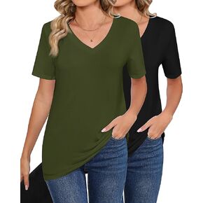 2 Pack Women V Neck T Shirts Loose Fit Short Sleeve Tops Solid Color Casual Shirts Basic Summer Tees Blouses