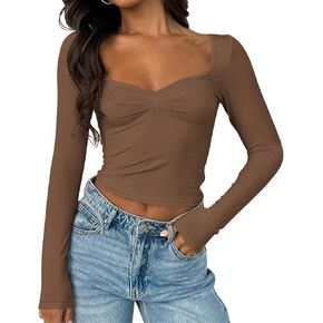 Women's Long Sleeve Going Out Tops Sweetheart Neck T Shirt Top Y2K Cute Pleated Bustier Shirt