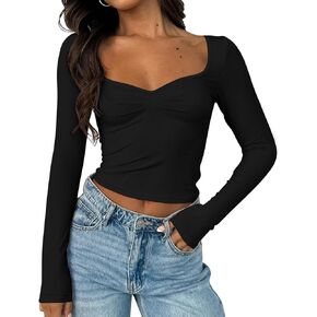 Women's Long Sleeve Going Out Tops Sweetheart Neck T Shirt Top Y2K Cute Pleated Bustier Shirt