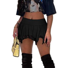 Women's Lace Short Skirt Sexy Y2K Solid Low Waist Patchwork Flowy Ruffle Pleated Mini Skirts Streetwear
