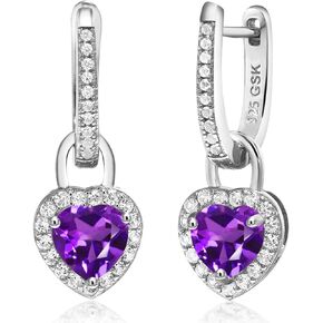 Gem Stone King 925 Sterling Silver Purple Amethyst and White Created Sapphire Dangle Earrings For Women (1.80 Cttw, Gemstone February Birthstone, Heart Shape 6MM) in Saudi Arabia