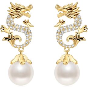 Chinese New Year Dragon Earrings For Women, Glitter Cubic Zirconia Pearl Dangle Expectation A Sense Of Ritual Party Gift Jewelry