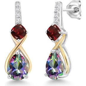 Gem Stone King 925 Sterling Silver and 10K Yellow Gold Pear Shape Green Mystic Topaz Red Garnet and White Lab Grown Diamond Dangle Earrings For Women (3.41 Cttw, Pear Shape 8X6MM)
