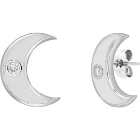 Timeless Love White Enamel and 0.04 CTTW Diamond Accent Stud Earrings Set in Polished Sterling Silver, 0.42x0.33" Moon Shaped Earrings, Dainty Jewelry for Women, Women’s Fashion Earrings