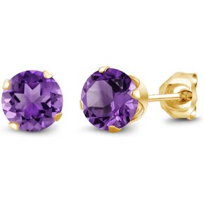 Gem Stone King 18K Yellow Gold Plated Silver Purple Amethyst Stud Earrings For Women (0.90 Cttw, Gemstone Birthstone, Round 5MM)