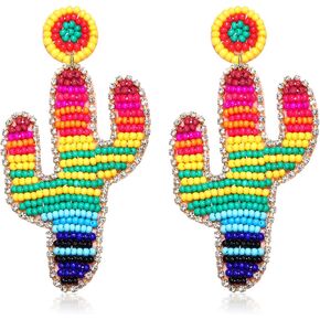 Beaded Earrings Boho Beaded Cactus Drop Earrings Beaded Rhinestone Cactus Earrings Rainbow Beaded Dangle Earring For Women Girls Jewelry