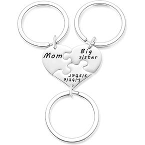 3PCS Mom Big Sister Little Sister Matching Heart Keychain, Mother Daughters Keyring Jewley Set, Mothers Day Gifts for Mom