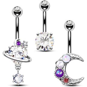 CM Crareesi Mania Belly Button Ring Pack 14G Moon Belly Piercing Jewelry 3PCS Shiny Belly Button Piercing for Women 316L Surgical Steel Dangle Belly Rings, Metal, cubic-zirconia in Kuwait