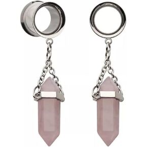 Pierced Owl 316L Stainless Steel Dangling Rose Quartz Stone Double Flared Tunnel Plugs, Sold as a Pair
