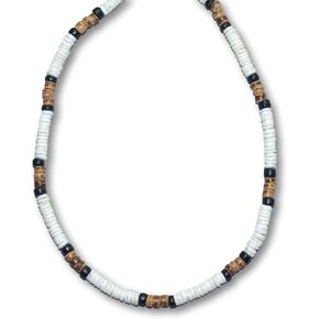 Mens and Womens Summer Beach Surfer Necklace From the Philippines, White Ark Shells with Black and Mixed Brown Coconut Beads