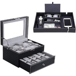 BEWISHOME منظم صندوق الساعة من جلد البولي يوريثان وصينية منظم للرجال، حزمة منظم من ألياف الكربون من الجلد الصناعي، أسود in Kuwait