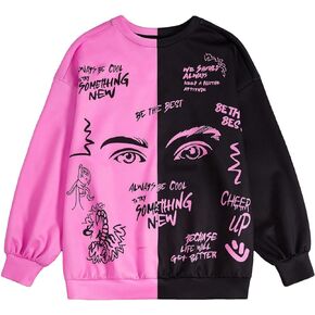 WDIRARA Women's Colorblock Graphic Printed Drop Shoulder Long Sleeve Round Neck Casual Pullover Sweatshirts