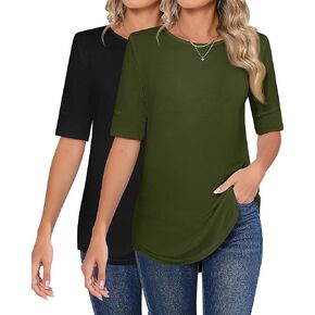 Huukeay 2 Pcs Womens Comfy T Shirts Casual Half Sleeve Tunic Tops Long Length Crew Neck Tee Shirts Summer Basic Blouses