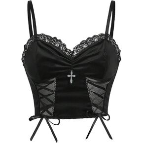 SHENHE Women's Goth Contrast Lace Lace Up Mesh Bralette Cami Top Spaghetti Strap Sleeveless Cami Tank Crop Tops