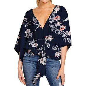 Ckikiou Womens Plus Size V Neck Knot Tie Front Summer Chiffon Blouses Tops Loose 3/4 Batwing Sleeve Shirts