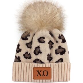 Sorority Shop - Chi Omega Beanie Hat - Leopard Print - CO Name Patch