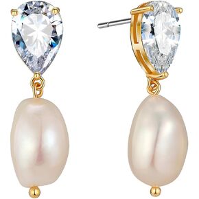 Natural Freshwater Pearl Earrings Cubic Zirconia Simulated Diamond Earring Baroque Pearl Drop Earrings for Women, Brides, Bridesmaids, Birthday Gift