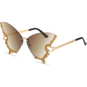YAMEIZE Diamond Butterfly Rimless Sunglasses - Trendy Crystal Rhinestone Butterfly Eyewear UV Protection for Women Men Party