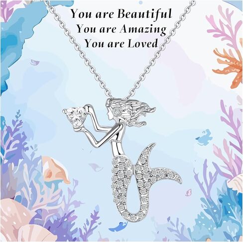 قلادة حورية البحر الصغيرة للفتيات، مجوهرات حورية البحر الصغيرة للفتيات المراهقات، هدايا حورية البحر، مجوهرات عيد ميلاد جوهرة الميلاد، قلادة قلادة مطلية بالفضة أزرق أرجواني شفاف وردي زركونيا مكعب in Kuwait