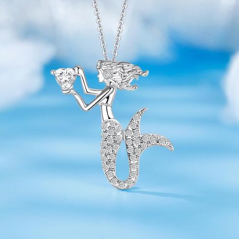 قلادة حورية البحر الصغيرة للفتيات، مجوهرات حورية البحر الصغيرة للفتيات المراهقات، هدايا حورية البحر، مجوهرات عيد ميلاد جوهرة الميلاد، قلادة قلادة مطلية بالفضة أزرق أرجواني شفاف وردي زركونيا مكعب in Kuwait