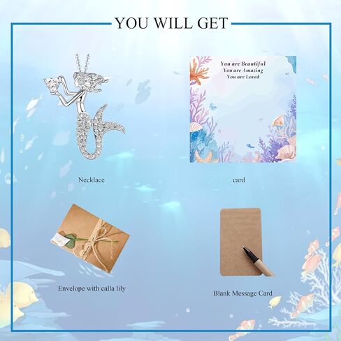 قلادة حورية البحر الصغيرة للفتيات، مجوهرات حورية البحر الصغيرة للفتيات المراهقات، هدايا حورية البحر، مجوهرات عيد ميلاد جوهرة الميلاد، قلادة قلادة مطلية بالفضة أزرق أرجواني شفاف وردي زركونيا مكعب in Kuwait