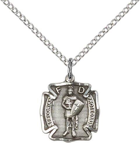 قلادة F A Dumont من الفضة الإسترلينية القديس فلوريان مع سلسلة كبح خفيفة من الفولاذ المقاوم للصدأ 45.72 سم. القديس الشفيع المقاتلين الإطفاء. in Kuwait