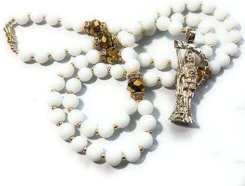 Large Holy death's rosary with white glass beads. Rosario de la Santa Muerte blanco con dorado. Grim reaper Y style necklace. in Kuwait