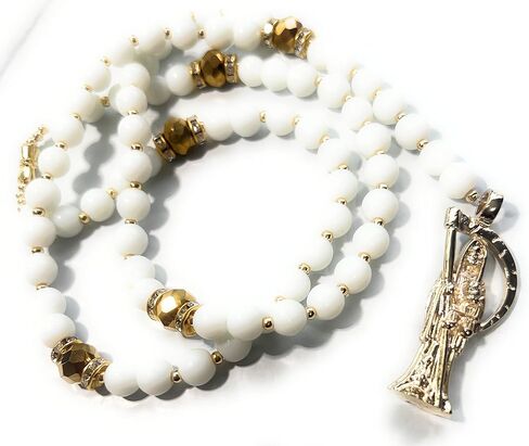 Large Holy death's rosary with white glass beads. Rosario de la Santa Muerte blanco con dorado. Grim reaper Y style necklace. in Kuwait