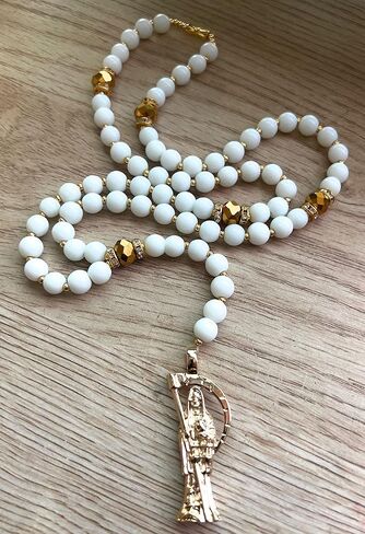Large Holy death's rosary with white glass beads. Rosario de la Santa Muerte blanco con dorado. Grim reaper Y style necklace. in Kuwait