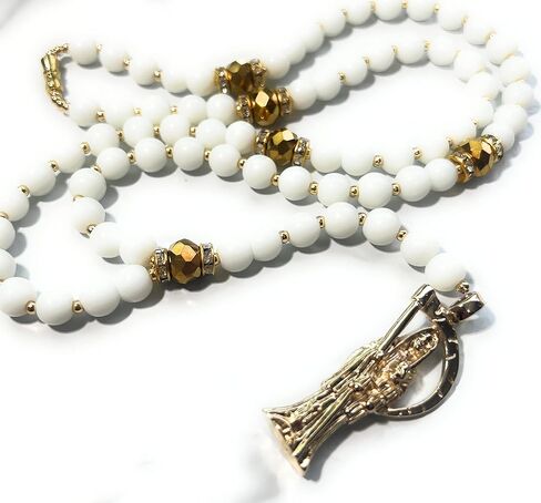 Large Holy death's rosary with white glass beads. Rosario de la Santa Muerte blanco con dorado. Grim reaper Y style necklace. in Kuwait