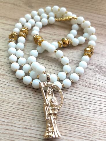 Large Holy death's rosary with white glass beads. Rosario de la Santa Muerte blanco con dorado. Grim reaper Y style necklace. in Kuwait