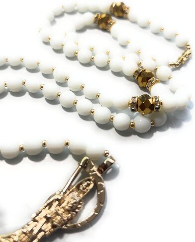 Large Holy death's rosary with white glass beads. Rosario de la Santa Muerte blanco con dorado. Grim reaper Y style necklace. in Kuwait