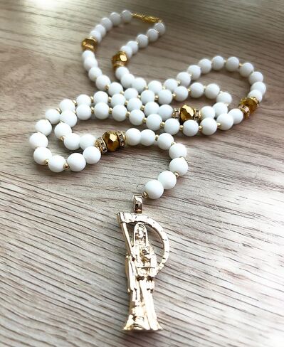 Large Holy death's rosary with white glass beads. Rosario de la Santa Muerte blanco con dorado. Grim reaper Y style necklace. in Kuwait