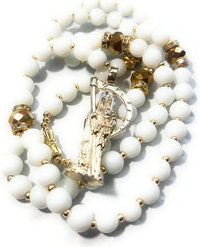Large Holy death's rosary with white glass beads. Rosario de la Santa Muerte blanco con dorado. Grim reaper Y style necklace. in Kuwait