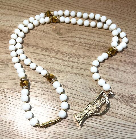Large Holy death's rosary with white glass beads. Rosario de la Santa Muerte blanco con dorado. Grim reaper Y style necklace. in Kuwait