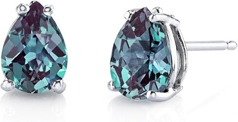 Peora Created Alexandrite Earrings for Women 14K White Gold, Classic Solitaire Teardrop Studs, Color-Changing Pear Shape 7x5mm, 1.75 Carats total, Friction Back in Saudi Arabia