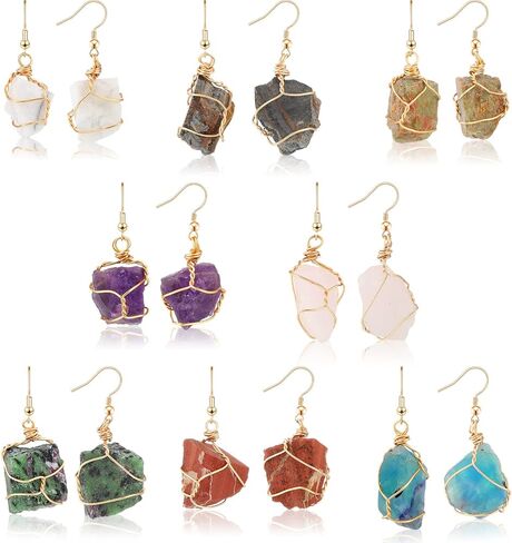 8 Pairs Handmade Crystal Drop Earrings for Women Natural Raw Amethyst Dangling Earrings Healing Crystals Earrings Sets in Saudi Arabia