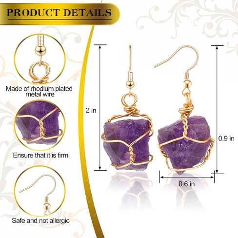 8 Pairs Handmade Crystal Drop Earrings for Women Natural Raw Amethyst Dangling Earrings Healing Crystals Earrings Sets in Saudi Arabia