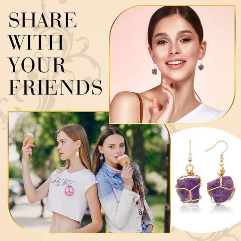 8 Pairs Handmade Crystal Drop Earrings for Women Natural Raw Amethyst Dangling Earrings Healing Crystals Earrings Sets in Saudi Arabia