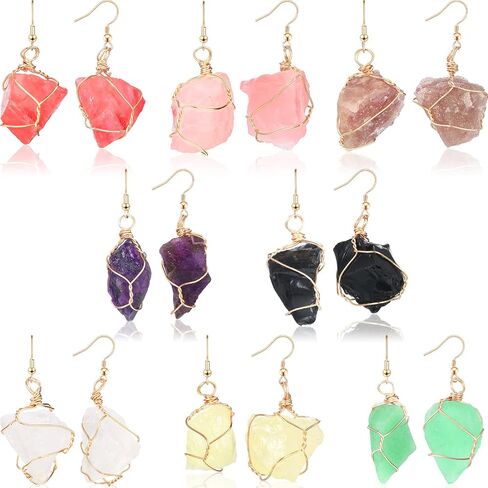 8 Pairs Handmade Crystal Drop Earrings for Women Natural Raw Amethyst Dangling Earrings Healing Crystals Earrings Sets in Saudi Arabia