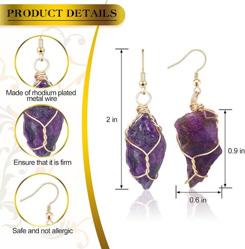 8 Pairs Handmade Crystal Drop Earrings for Women Natural Raw Amethyst Dangling Earrings Healing Crystals Earrings Sets in Saudi Arabia