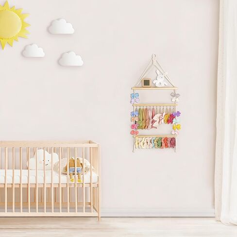 داهي حامل عصابة الرأس وحامل القوس المكرمية للفتيات حامل عصابة الرأس مع رف خشبي بوهو نورسي ديكور عصابة الرأس منظم تخزين حبال الشعر والأساور للنساء والفتيات in Kuwait