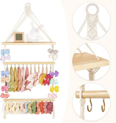 داهي حامل عصابة الرأس وحامل القوس المكرمية للفتيات حامل عصابة الرأس مع رف خشبي بوهو نورسي ديكور عصابة الرأس منظم تخزين حبال الشعر والأساور للنساء والفتيات in Kuwait