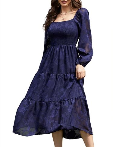MUADRESS Women Casual Smocked Tiered Floral Swing Dress Puff Long Sleeves Square Neck Maxi Ruffle Flowy Party Dress in Kuwait