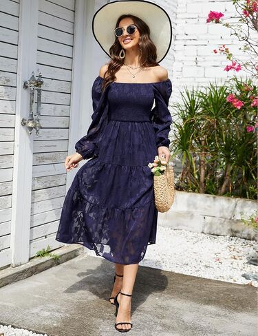 MUADRESS Women Casual Smocked Tiered Floral Swing Dress Puff Long Sleeves Square Neck Maxi Ruffle Flowy Party Dress in Kuwait