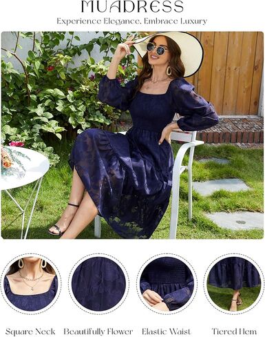MUADRESS Women Casual Smocked Tiered Floral Swing Dress Puff Long Sleeves Square Neck Maxi Ruffle Flowy Party Dress in Kuwait