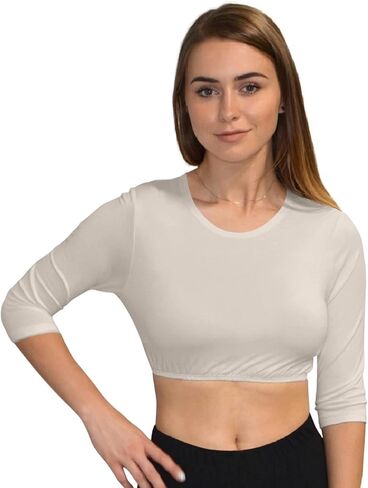 Kosher Casual Women's Modest High Neck Cropped Layering Shell - Viscose Spandex 3-4 Sleeve Base Pullover Top in Saudi Arabia