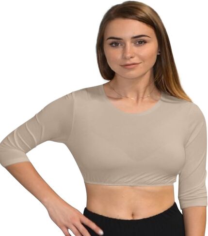 Kosher Casual Women's Modest High Neck Cropped Layering Shell - Viscose Spandex 3-4 Sleeve Base Pullover Top in Saudi Arabia