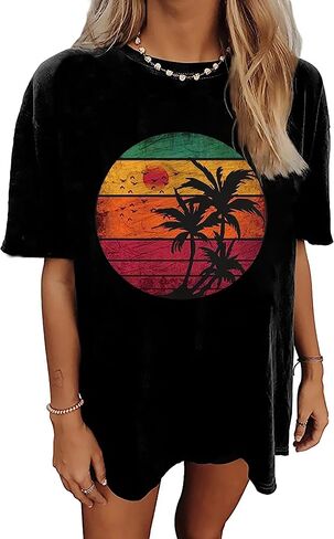 Oversized Bring On The Sunshine T Shirt Women Casual Palm Tree Print Summer Shirts Tropical Hawaiian Beach Shirt Top in Kuwait
