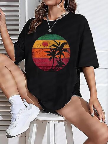 Oversized Bring On The Sunshine T Shirt Women Casual Palm Tree Print Summer Shirts Tropical Hawaiian Beach Shirt Top in Kuwait